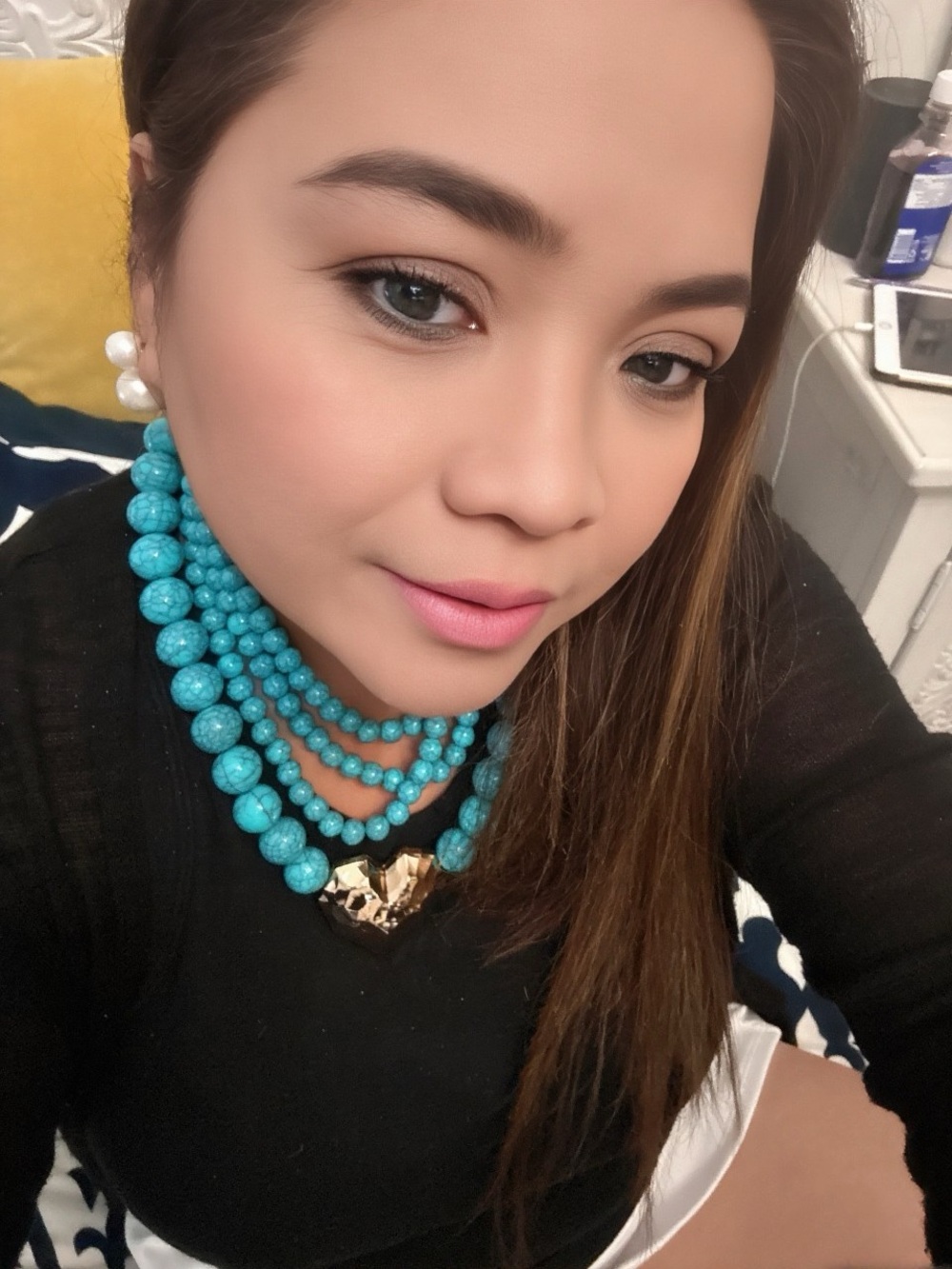 Turquoise Beaded Multi-Strand Necklace with Gold Heart Pendant